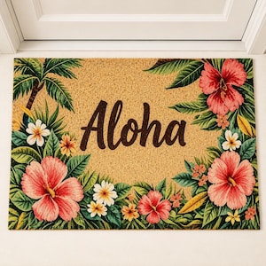 Tropikalna Wycieraczka Hibiskus Aloha, Hawajska Mata Powitalna, Mata Boho Beach, Kwiatowa Wycieraczka Aloha, Mata z Palmami