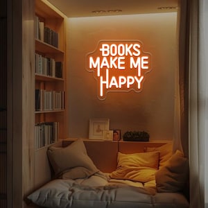 Enseigne au néon Book Make Me Happy,Enseigne au néon rat de bibliothèque,Enseigne néon drôle,Lumière au néon motivante,Décoration murale de librairie,Néon mural de bibliothèque,Livre de lecture