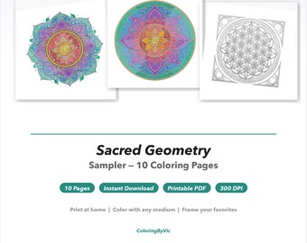 Sacred Geometry Coloring Pages - 10 Page Sample Pack, Mandala PDF, Try Before You Buy