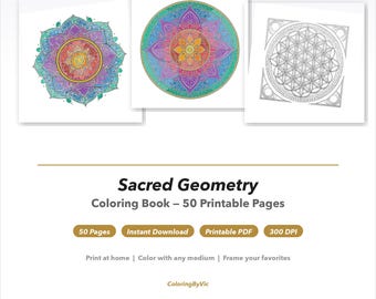 Sacred Geometry Coloring Book - 50 Printable Pages, Adult Mandala Coloring PDF, Instant Download