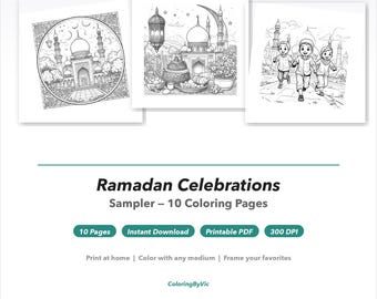 Ramadan Coloring Pages - 10 Page Sample, Islamic Kids Activity, Eid Party Favor PDF