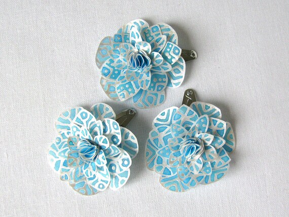 Three White Snowflake Hair Pins Hand Painted Silk Flowers Etsy