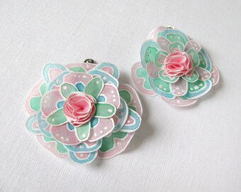 Two little light pastel silk flower hair snap pins - hair snap clips - baby hair clips - white, pink, mint - hand painted silk flowers