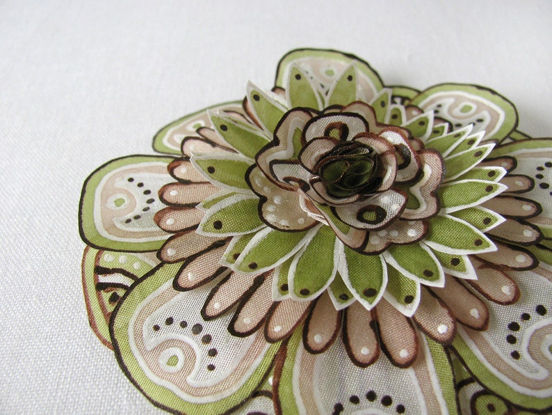 ***Item on sale*** Previous price : 31.50 EUR hand painted silk brooch brown and tan silk flower brooch Statement brooch Olive green