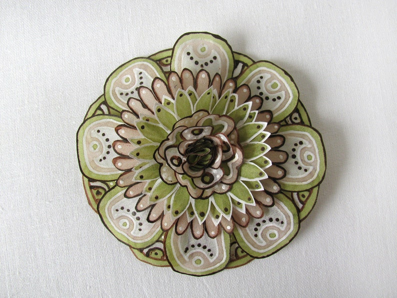 ***Item on sale*** Previous price : 31.50 EUR hand painted silk brooch brown and tan silk flower brooch Statement brooch Olive green