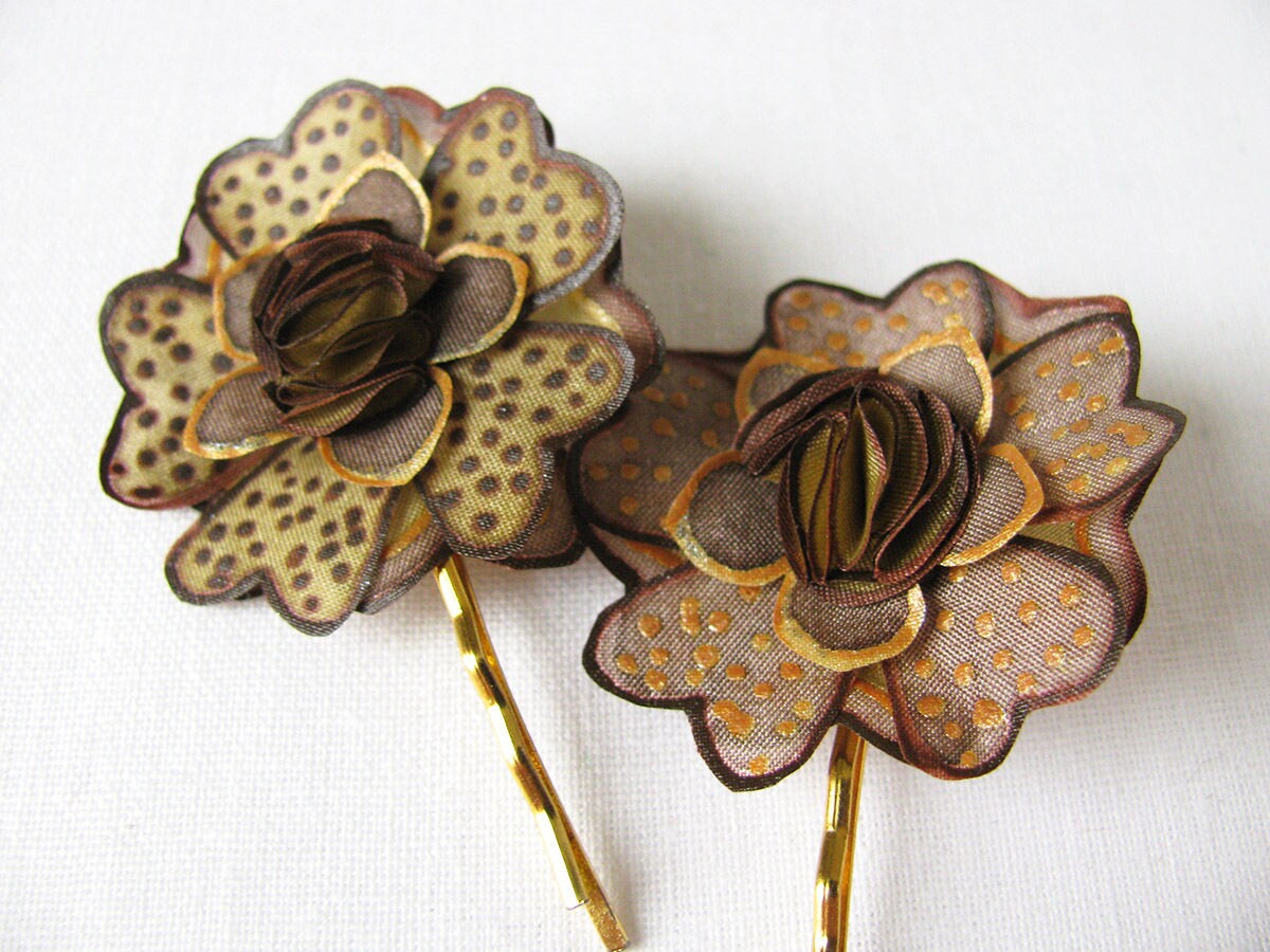 Silk Flower Hair Pins Brown and Gold Small Flower Bobby Pins Etsy