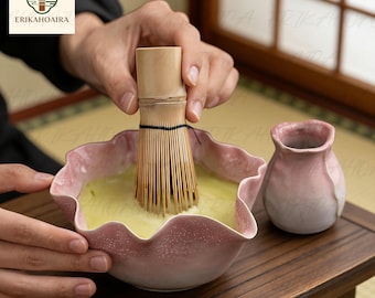 Japanese Floral Kiln-Transformed Matcha Bowl, petal shape, Handmade Tea Ceremony