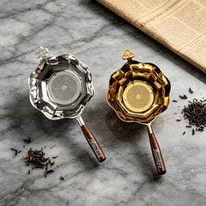 May include: Two tea infusers, one silver and one gold, with wooden handles. The silver infuser has the name "Amelia" engraved on the handle, while the gold infuser has "Theodore." Both have a floral design and sit on a marble surface with loose tea leaves.