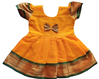 Pure Cotton Frock with Zari Border, Balloon Sleeves – Baby Girls Dress
