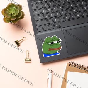 May include: A green and blue Pepe the Frog sticker is placed on a black laptop. The sticker features the meme character with a sad expression. A small succulent plant, gold binder clips, a pen, and a notebook are also on the pink surface.
