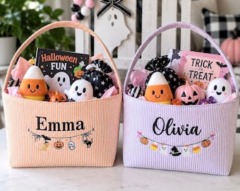 Personalized Embroidered Halloween Basket, Kids Trick or Treat Bag, Seersucker Boo Basket, Halloween Candy Bag, Halloween Gift for Kids