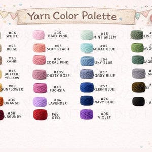 May include: A yarn color palette chart featuring twenty-eight small, circular yarn skeins arranged in four columns. Each skein is labeled with a number and a color name, including white, pink, blue, green, yellow, orange, red, and black shades.