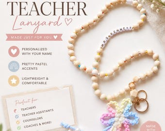 Personalized Teacher Lanyard, Back to School Gift, Wooden Bead Lanyard, Teacher Gifts, Staff Gifts, Custom Name Lanyard, Badge Holder
