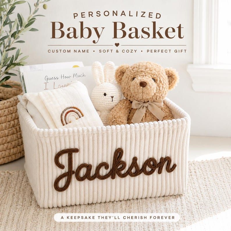 May include: A cream-colored corduroy storage basket featuring the name Jackson in dark brown script lettering. Inside the basket are a tan teddy bear with a bow, a white crocheted rabbit, a white cloth with a rainbow, and a book titled Guess How Much I Love You.