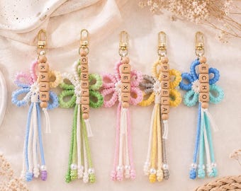 Personalisierte Boho Schlüsselbund, Kinder Party Geschenk, Zurück zu Schule Geschenke, Makramee Taschenanhänger, Windel Taschenanhänger, Schlüsselring Anhänger, Neue Fahrer Geschenke
