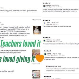 May include: A collection of customer reviews for personalised baskets, featuring five-star ratings, user names, dates, and small thumbnail images of white baskets with colourful text and icons. The text overlay reads: Teachers loved it And kids loved giving it.