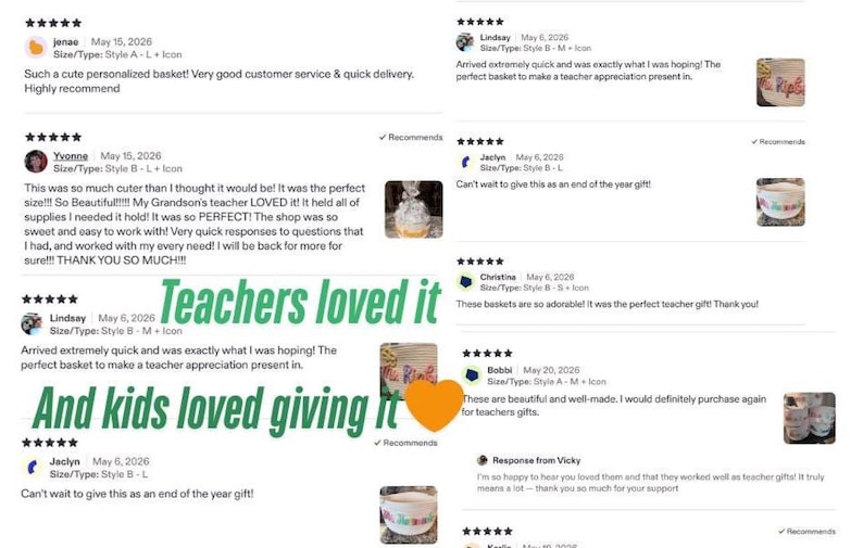 May include: A collection of customer reviews for personalised baskets, featuring five-star ratings, user names, dates, and small thumbnail images of white baskets with colourful text and icons. The text overlay reads: Teachers loved it And kids loved giving it.
