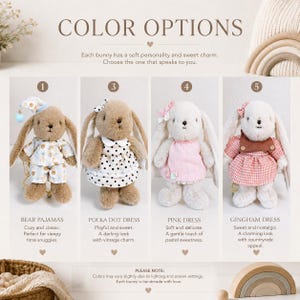 May include: Four plush bunny dolls labeled with color options. The first wears blue bear-patterned pajamas and a matching nightcap. The second wears a black and white polka dot dress. The third wears a pink dress. The fourth wears a pink gingham dress.
