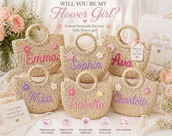 Personalized Flower Girl Proposal Bag, Flower Girl Gifts, Custom Name Summer Staw bag, Junior Bridesmaid Gift, Flower Girl Proposal Gift Box