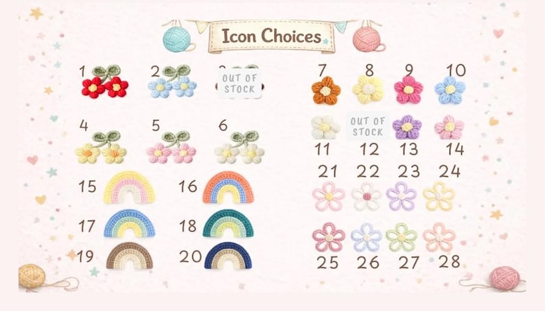 May include: A selection chart titled Icon Choices featuring numbered crochet appliques. The items include pairs of cherries, various multi-coloured rainbows, and different styles of five-petaled flowers in pastel and vibrant yarn colours.