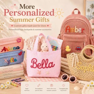 May include: A collection of personalised items including a dusty rose corduroy backpack with the name Amber, two corduroy pencil cases labelled Ariana and Kylie, a pink striped tote bag labelled Bella, and a woven straw tote bag labelled Sophia.