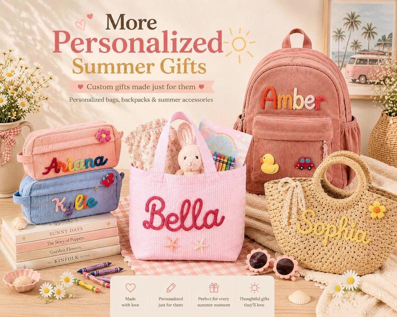 May include: A collection of personalised items including a dusty rose corduroy backpack with the name Amber, two corduroy pencil cases labelled Ariana and Kylie, a pink striped tote bag labelled Bella, and a woven straw tote bag labelled Sophia.