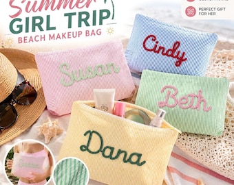 Personalized Makeup Bag, Girls Graduation Gift, Seersucker Cosmetic Bag, Girl Travel Makeup Bag, Custom Name Toiletry Bag, Summer Beach Bag