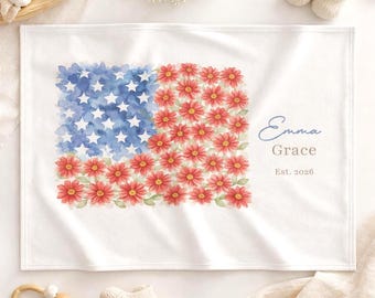 Copertina personalizzata per il 250° anniversario del 4 luglio, regalo per neonati per il 4 luglio, copertina personalizzata per neonati, copertina patriottica per neonati, copertina con bandiera americana e fiori
