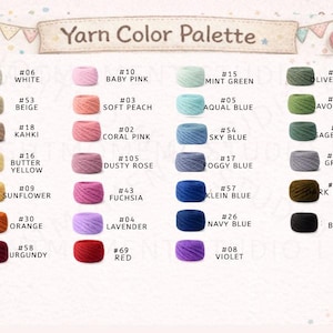 May include: A yarn colour palette chart featuring twenty-eight small skeins of yarn arranged in four columns. Each skein is labelled with a number and colour name, including white, beige, khaki, yellow, orange, burgundy, pinks, blues, greens, grey, brown, and black.