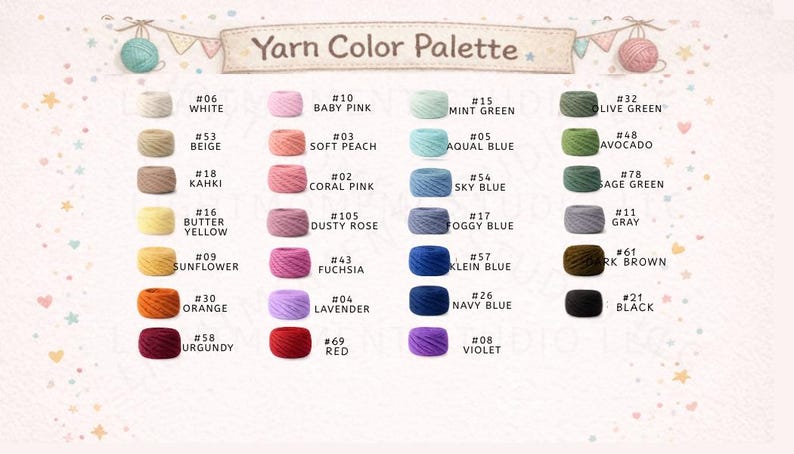 May include: A yarn colour palette chart featuring twenty-eight small skeins of yarn arranged in four columns. Each skein is labelled with a number and colour name, including white, beige, khaki, yellow, orange, burgundy, pinks, blues, greens, grey, brown, and black.