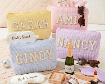 Personalized Pearl Letter Cosmetic Bag, Chic Bridesmaid Gifts, Custom Makeup Bag, Custom Name Toiletry Bag , Graduation Gift for Her