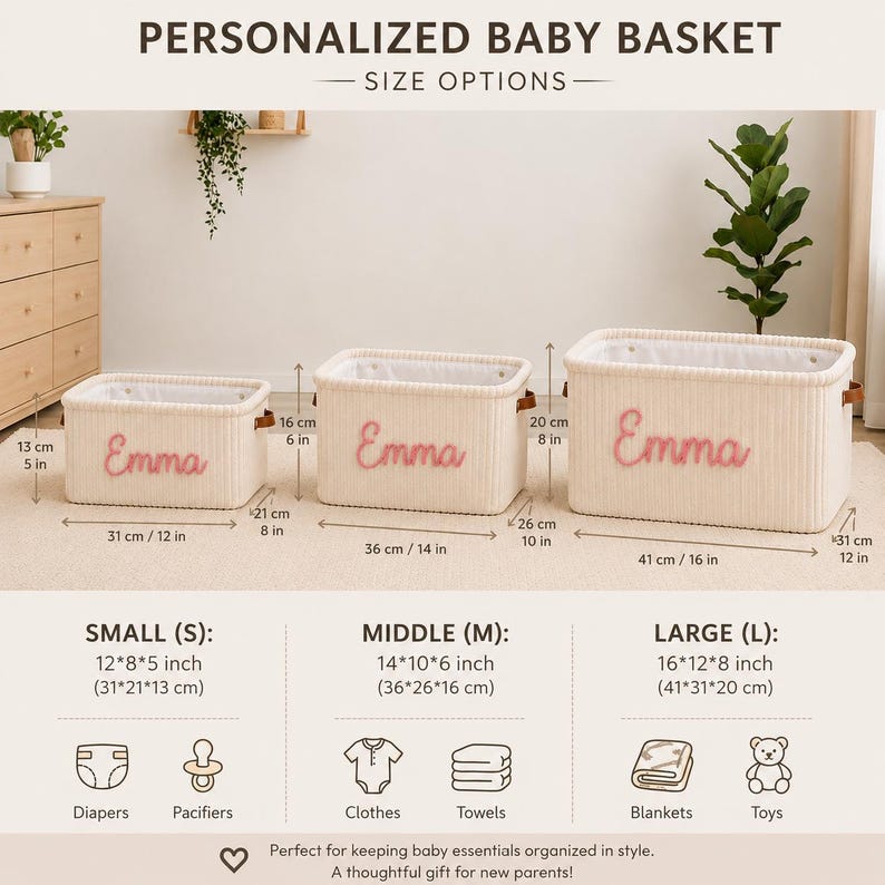 May include: Three off-white woven storage baskets with the name Emma embroidered in pink. The baskets are shown in small, medium, and large sizes with dimensions ranging from 12 by 8 by 5 inches to 16 by 12 by 8 inches, featuring brown side handles.