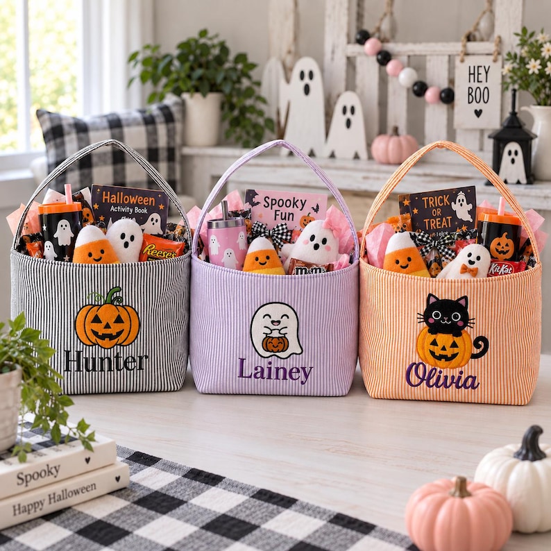 Puede incluir: Tres cestas de tela con asas, a rayas negras, lavanda y naranjas. Cada una presenta dise&ntilde;os bordados: una calabaza con el nombre Hunter, un fantasma con el nombre Lainey y un gato negro sobre una calabaza con el nombre Olivia. Las cestas contienen libros de actividades, vasos, peluches y dulces de Halloween.
