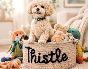 Cesta personalizada para juguetes de mascotas, contenedor de almacenamiento de juguetes para mascotas con cuerda de algodón, cesta personalizada con el nombre de la mascota, organizador de juguetes grande, almacenamiento de juguetes para cachorros, regalo para mamás de mascotas