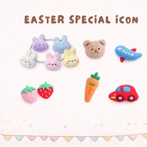 May include: A collection of plush hair accessories featuring the text EASTER SPECIAL ICON. The set includes five rabbit heads in purple, blue, white, pink, and yellow, a brown bear head, a blue airplane, two strawberries, a carrot, and a red car.
