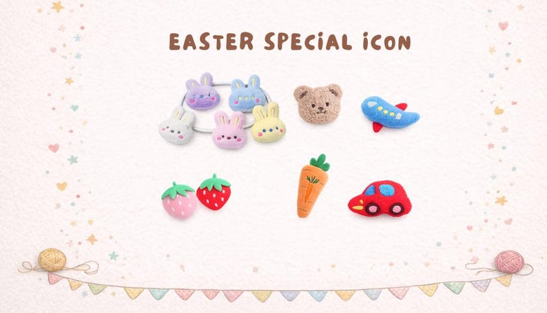 May include: A collection of plush hair accessories featuring the text EASTER SPECIAL ICON. The set includes five rabbit heads in purple, blue, white, pink, and yellow, a brown bear head, a blue airplane, two strawberries, a carrot, and a red car.
