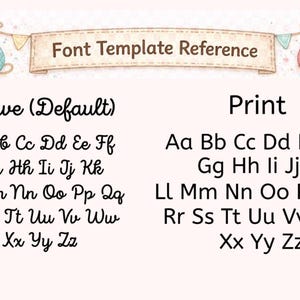 May include: A font template reference chart featuring two distinct alphabet styles. The left side displays a cursive script labelled Cursive (Default), while the right side shows a standard sans-serif typeface labelled Print, both including uppercase and lowercase letters.