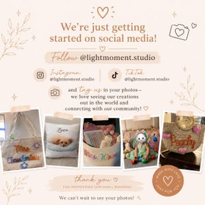 May include: A social media announcement card with a light beige background featuring text that reads We're just getting started on social media! Follow @lightmoment.studio. Below are five photos of custom items including a tote bag, pillow, basket, and bag.