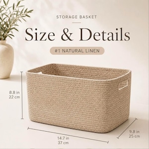 Może przedstawiać: Prostokątny kosz do przechowywania z beżowego sznurka ze zintegrowanymi uchwytami. Tekst głosi: STORAGE BASKET, Size & Details, #1 NATURAL LINEN. Wymiary to 22 cm wysokości, 37 cm szerokości i 25 cm głębokości.