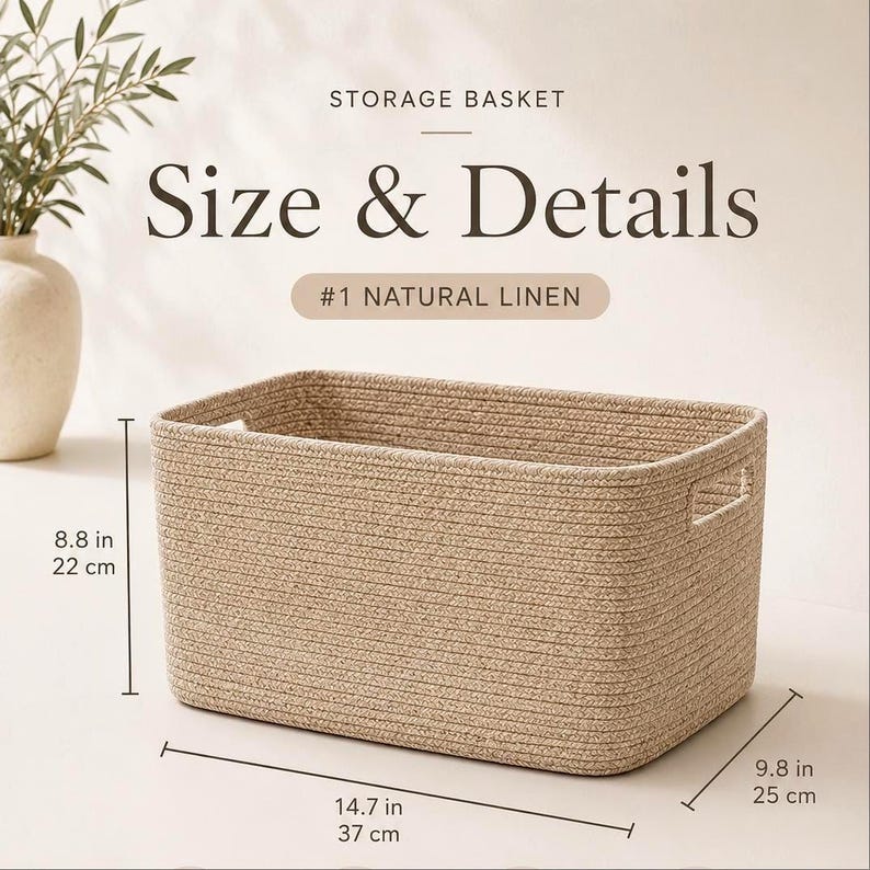 Może przedstawiać: Prostokątny kosz do przechowywania z beżowego sznurka ze zintegrowanymi uchwytami. Tekst głosi: STORAGE BASKET, Size & Details, #1 NATURAL LINEN. Wymiary to 22 cm wysokości, 37 cm szerokości i 25 cm głębokości.