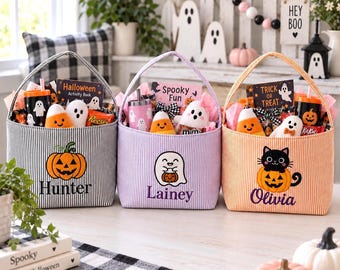 Personalized Embroidered Halloween Basket, Kids Trick or Treat Bag, Seersucker Boo Basket, Halloween Candy Bag, Halloween Gift for Kids