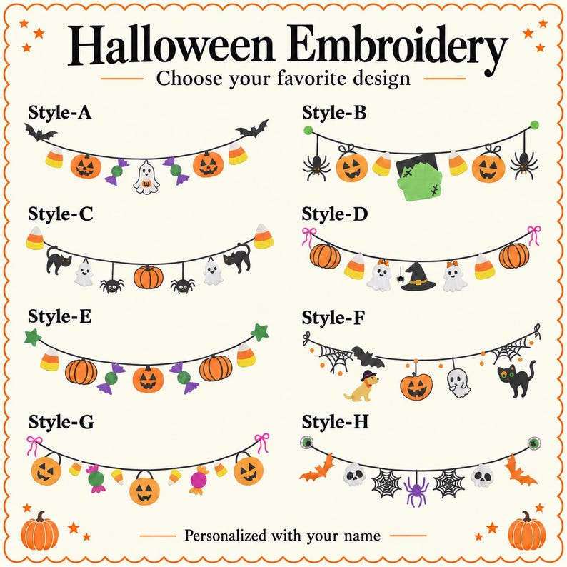 Puede incluir: Una pantalla digital titulada Halloween Embroidery Choose your favorite design, que muestra ocho estilos de guirnaldas distintos etiquetados de la A a la H. Cada guirnalda muestra varios iconos de Halloween como calabazas, fantasmas, murci&eacute;lagos, ara&ntilde;as y dulces.