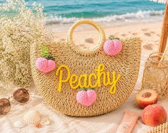 Personalized Beach Straw Bag, Party Bag for Girls, Just Peachy Tote Bag, Bachelorette Party Gift, Hot Girl Summer Bag, Pool Party Favor