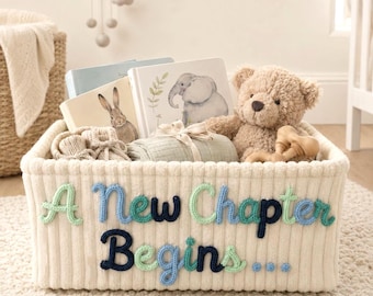Storytime Basket for Baby, Personalized Baby book Basket, A New Chapter Begins, Just One More Story, Baby Shower Gifts, Nursery Storage