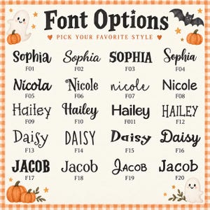 Puede incluir: Una tabla de selecci&oacute;n de fuentes con el texto Font Options y Pick Your Favorite Style, que muestra veinte estilos tipogr&aacute;ficos negros distintos etiquetados de F01 a F20, decorada con calabazas naranjas, fantasmas blancos y un murci&eacute;lago negro.