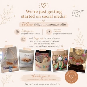 May include: A social media announcement card featuring the text We're just getting started on social media! Follow @lightmoment.studio. Below are five photos of custom items including a tote bag, a pillow, a basket, and a straw bag.