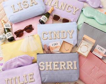 Personalized Pearl Letter Makeup Bag, Cute Bridesmaid Gifts, Custom Cosmetic Pouch, Chic Girl Travel Pouch, Custom Name Toiletry Bag