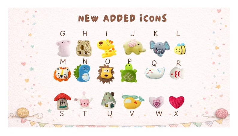 May include: A collection of small, colourful, plush-like decorative icons arranged in a grid labelled with letters G through X. The icons feature various shapes including animals, a mushroom house, a helicopter, and hearts, with the text NEW ADDED ICONS.