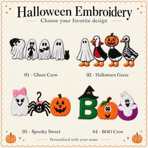 Puede incluir: Un cat&aacute;logo de bordados de Halloween con cuatro opciones: 01 Ghost Crew con fantasmas blancos, 02 Halloween Geese disfrazados, 03 Spooky Sweet con un fantasma, ara&ntilde;a y calabaza, y 04 BOO Crew con una letra B verde, calabaza y un fantasma morado.