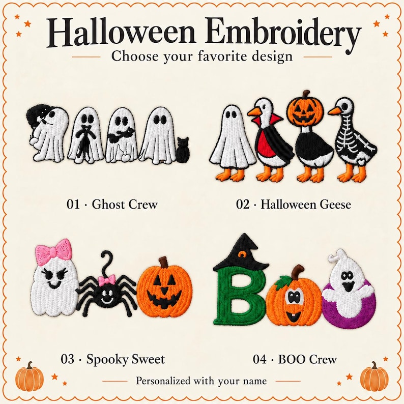 Puede incluir: Un cat&aacute;logo de bordados de Halloween con cuatro opciones: 01 Ghost Crew con fantasmas blancos, 02 Halloween Geese disfrazados, 03 Spooky Sweet con un fantasma, ara&ntilde;a y calabaza, y 04 BOO Crew con una letra B verde, calabaza y un fantasma morado.